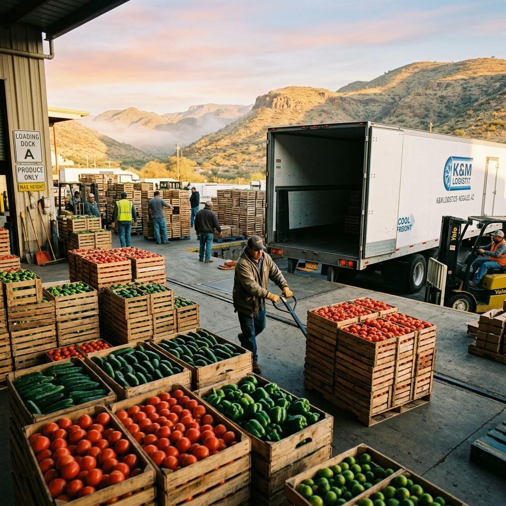 Illustrative AI-generated scene of produce crates and a loading dock at dawn; not a photograph of Valley Fresh Produce