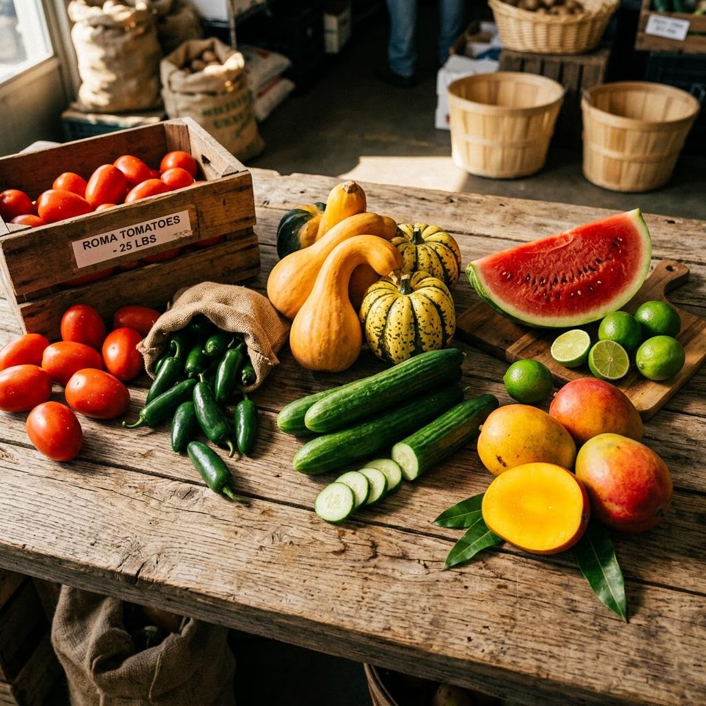Illustrative AI-generated still life of fresh produce; not a depiction of Valley Fresh Produce inventory